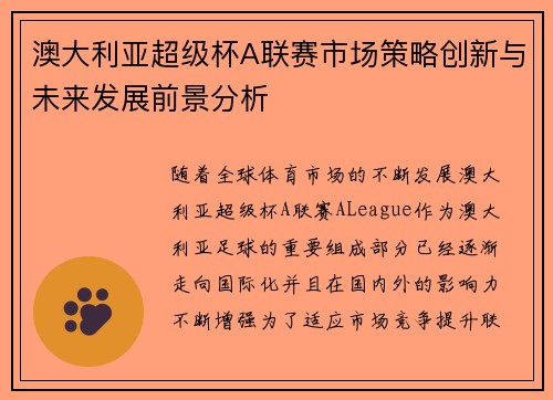 澳大利亚超级杯A联赛市场策略创新与未来发展前景分析